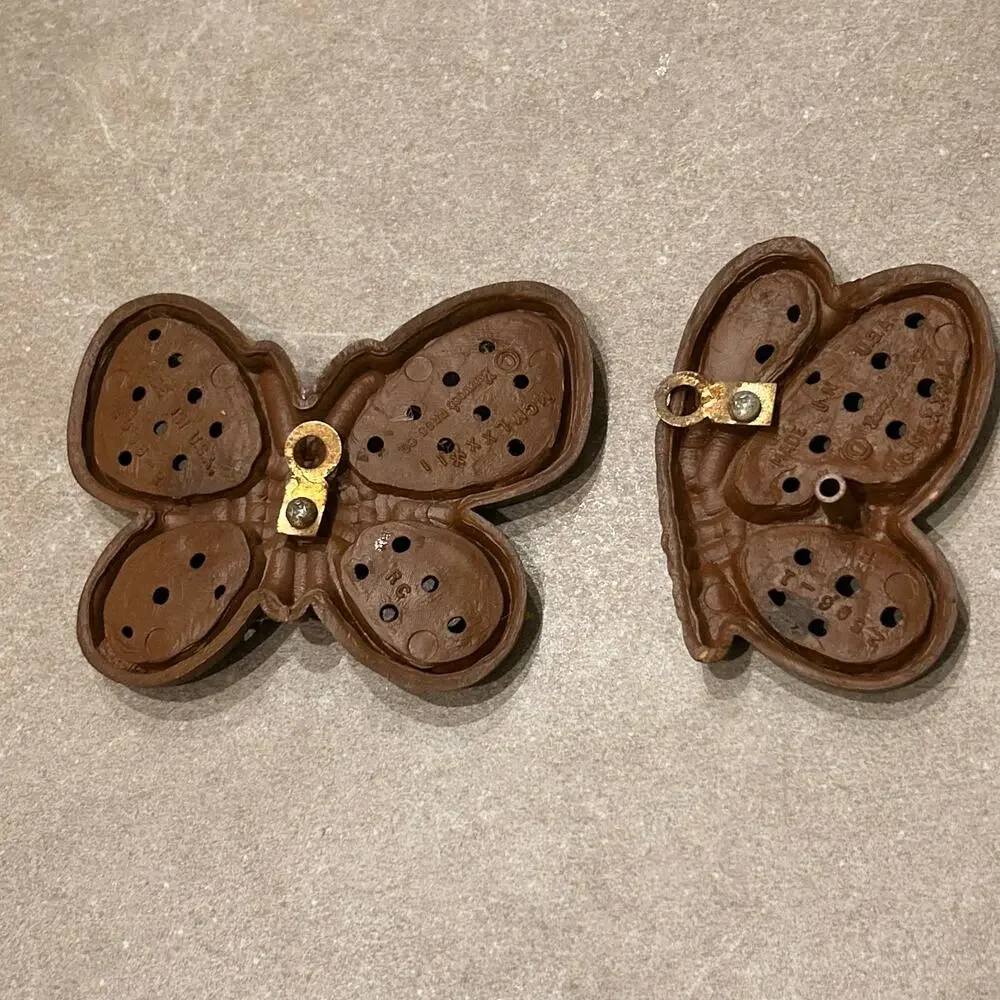 Vintage 70s Burwood Butterfly Wall Plaques Set 2 Faux Wicker Rattan Boho ^